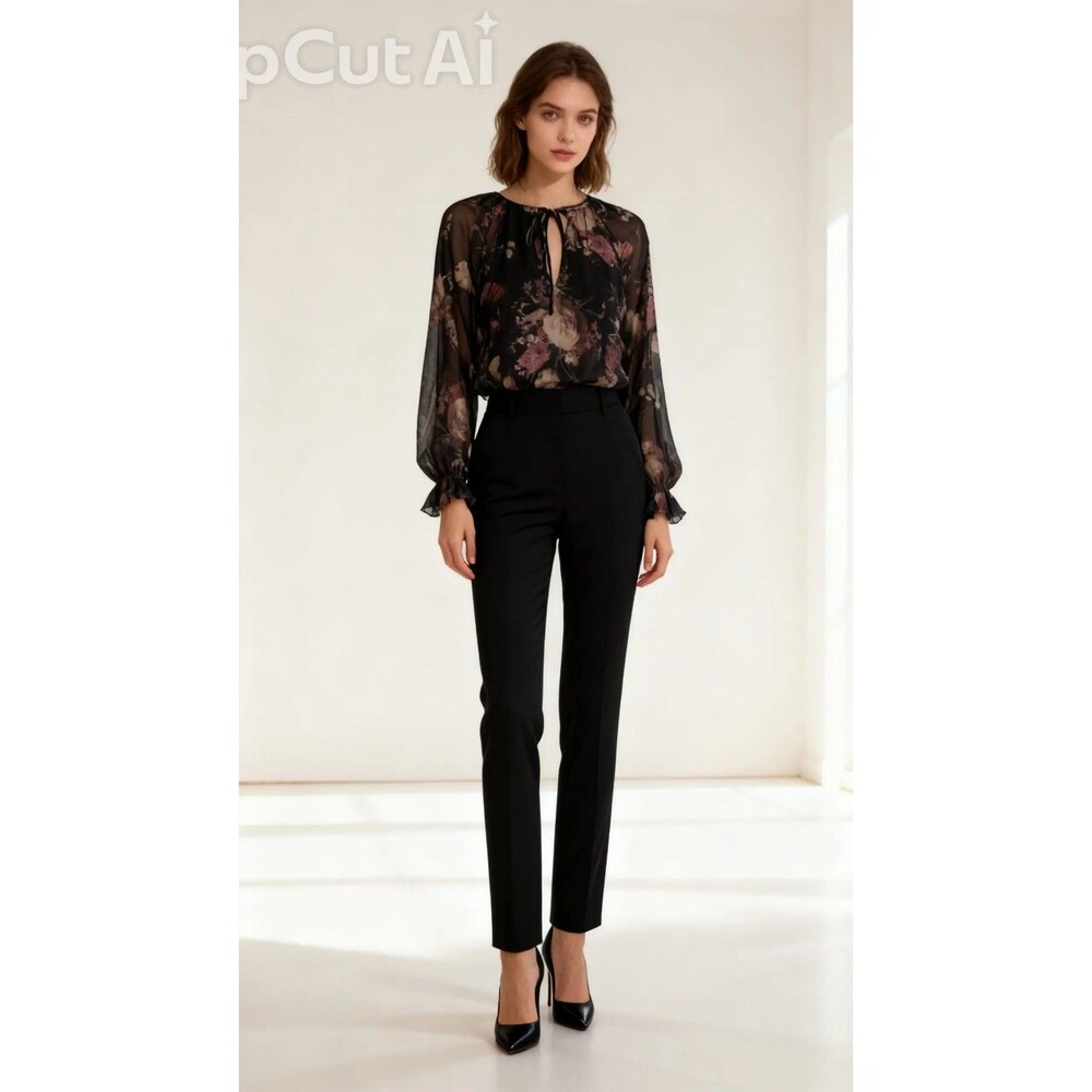 Joie Women’s M Chiffon Sheer Floral Tie-Neck Long Sleeve Blouse Set